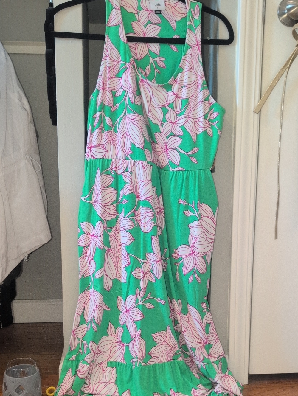 CAbi Green Floral Summer Dress with Pink Blooms